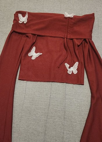 Bordo Drapeli Straplez Uzun Kollu Mini Bluz - Görsel 2