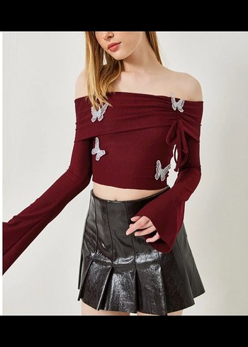 Bordo Drapeli Straplez Uzun Kollu Mini Bluz - Görsel 3