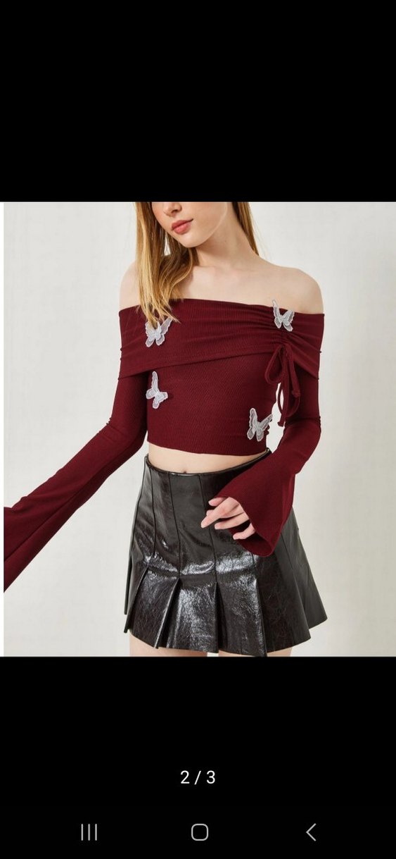 Bordo Drapeli Straplez Uzun Kollu Mini Bluz - Görsel 3