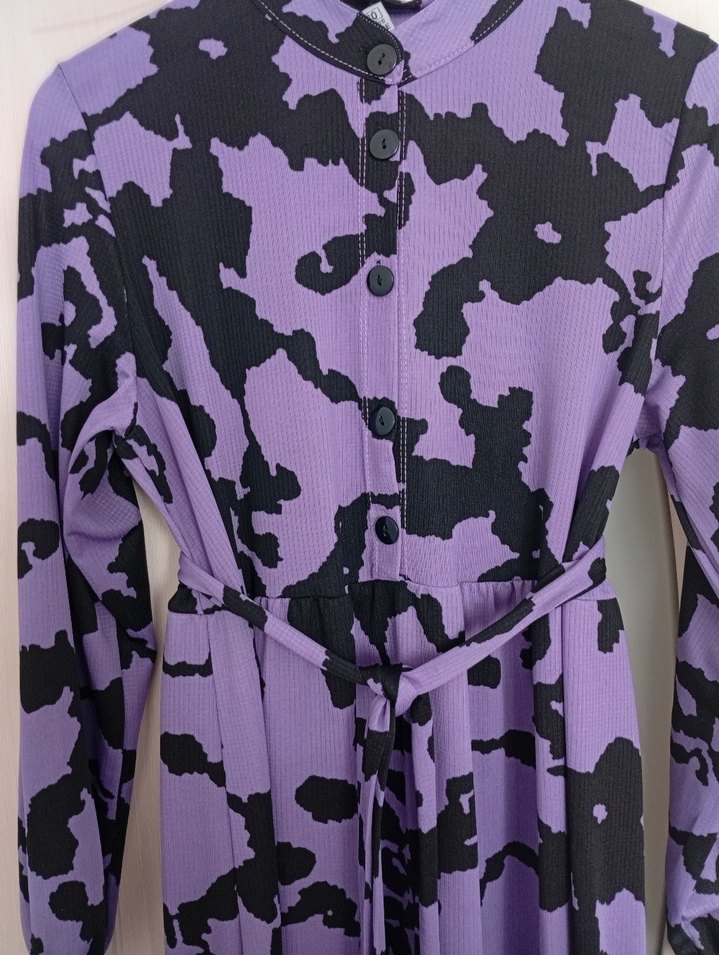 Kadın Mor Siyah Uzun Desenli Elbise - Görsel 4