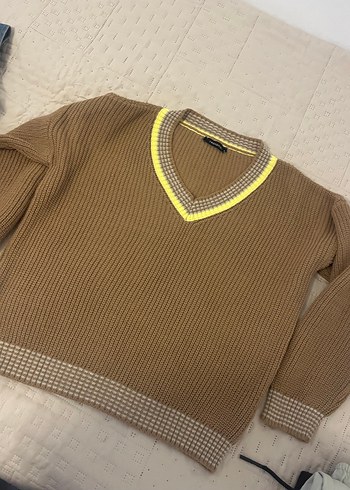 Kahverengi V Yaka Örgü Kadın Kazak - Görsel 4