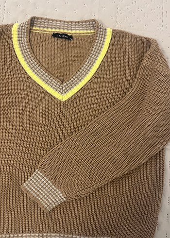 Kahverengi V Yaka Örgü Kadın Kazak - Görsel 2