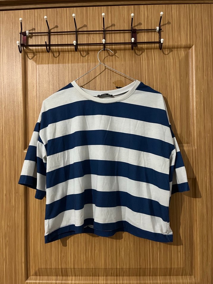 Kadın Lacivert Beyaz Çizgili Kısa Kollu Tişört - Görsel 2