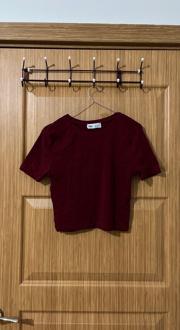 Bordo Kadın Crop Top Kısa Kollu - Görsel 2