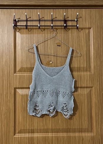 Gri Örgü Bohem V Yaka Kolsuz Süveter - Görsel 2