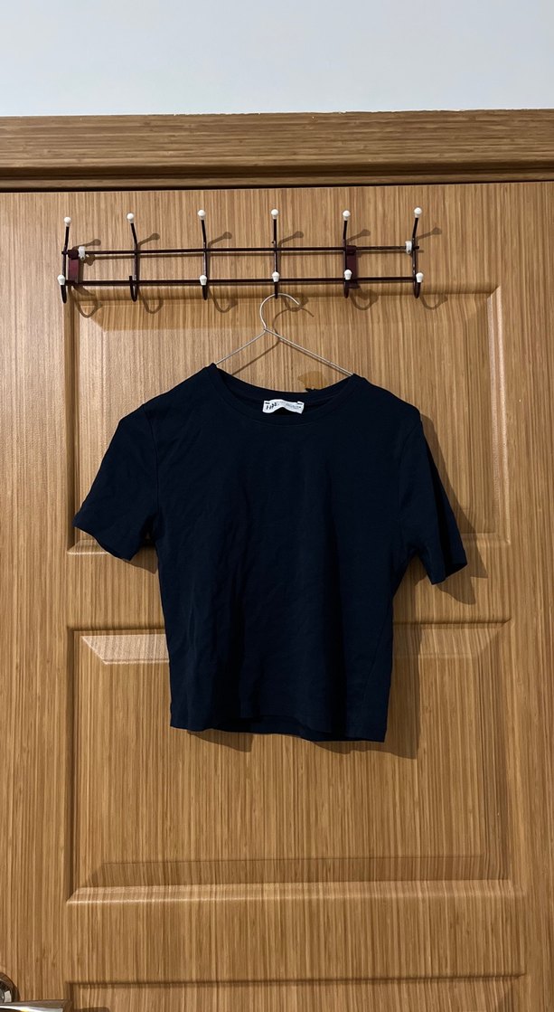 Lacivert Denim Crop Tişört - Görsel 2