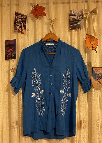 adL/ Nakışlı Mavi Keten Kadın Gömlek - Görsel 3