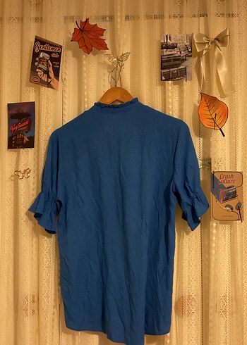 adL/ Nakışlı Mavi Keten Kadın Gömlek - Görsel 6