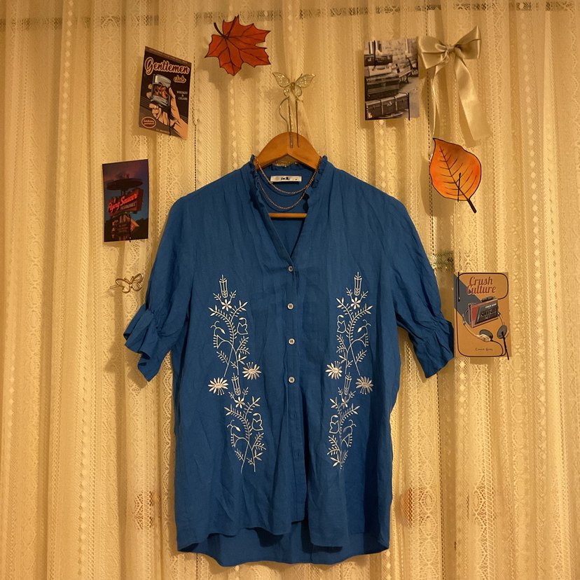 adL/ Nakışlı Mavi Keten Kadın Gömlek - Görsel 3