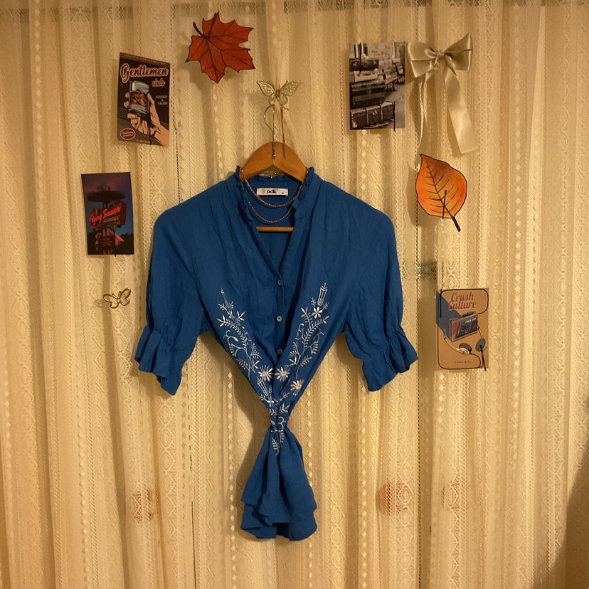 adL/ Nakışlı Mavi Keten Kadın Gömlek - Görsel 4