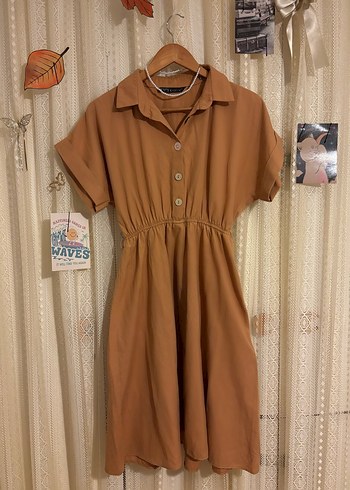 Bej Midi Salaş V Yaka Elbise - Görsel 3