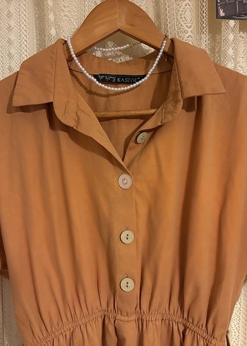 Bej Midi Salaş V Yaka Elbise - Görsel 2