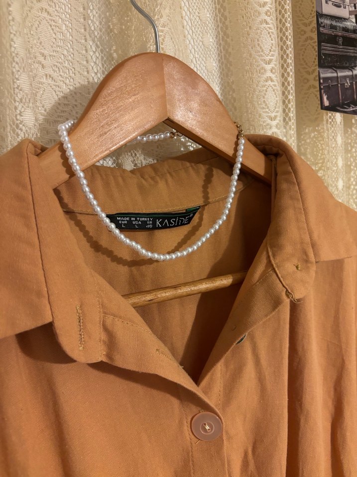 Bej Midi Salaş V Yaka Elbise - Görsel 5