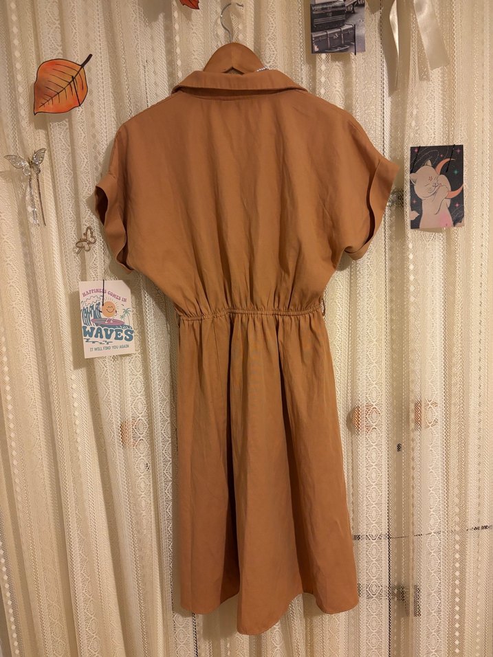 Bej Midi Salaş V Yaka Elbise - Görsel 4