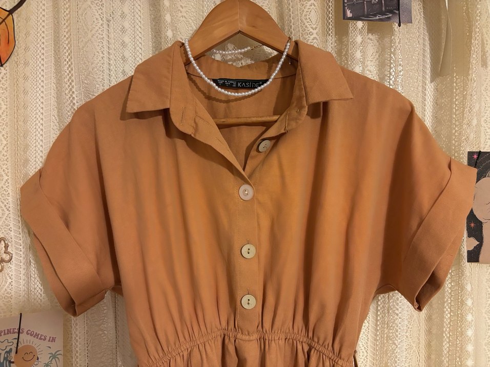 Bej Midi Salaş V Yaka Elbise - Görsel 2