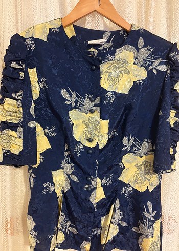 Sarı Çiçek Desenli Vintage Kadın Bluz - Görsel 6