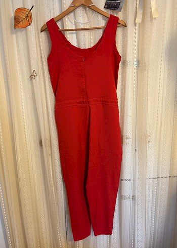 Turuncuya Dönük Kırmızı Keten Kadın Tulum - Görsel 3