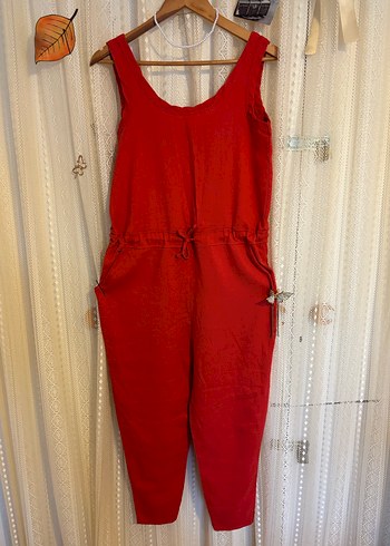 Turuncuya Dönük Kırmızı Keten Kadın Tulum - Görsel 2