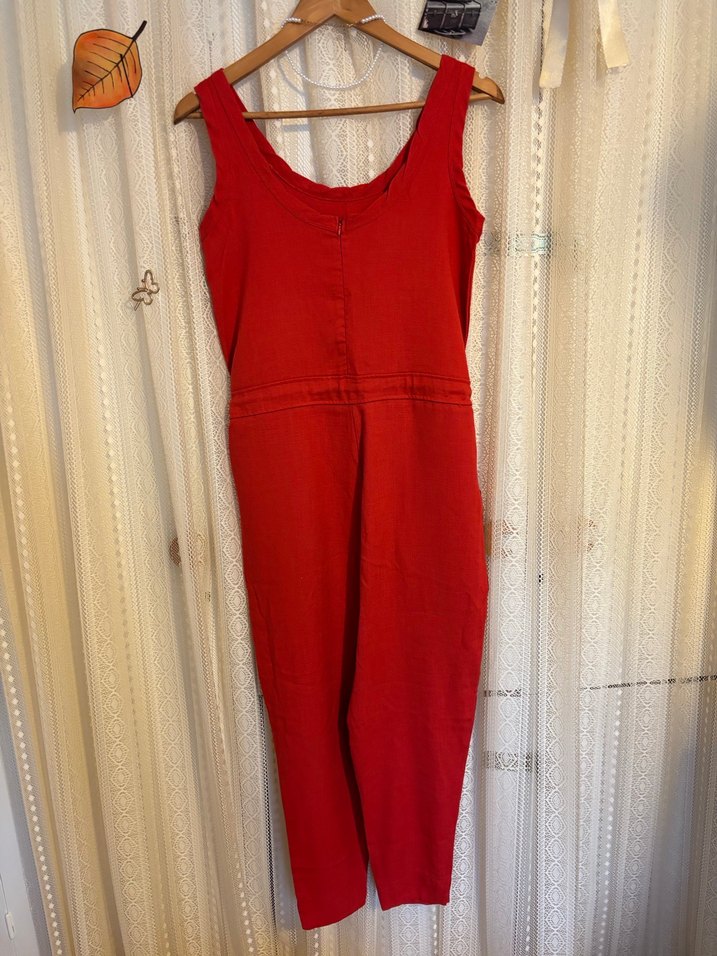 Turuncuya Dönük Kırmızı Keten Kadın Tulum - Görsel 3