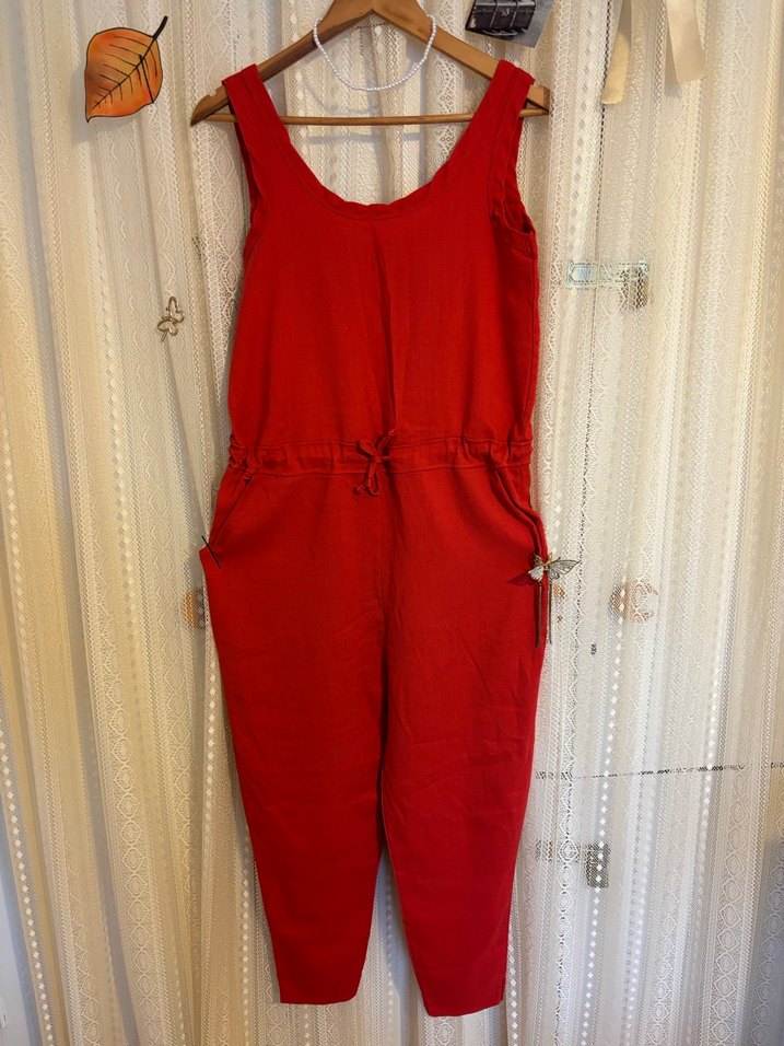 Turuncuya Dönük Kırmızı Keten Kadın Tulum - Görsel 2