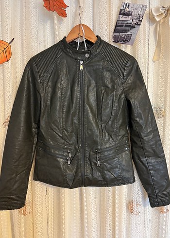 Kadın Yeşil Deri Biker Ceket - Görsel 2