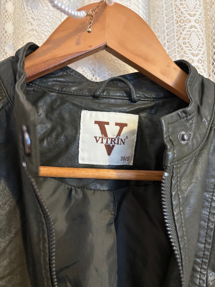 Kadın Yeşil Deri Biker Ceket - Görsel 3