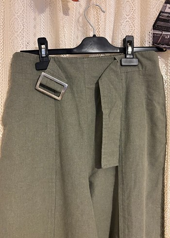 Kemerli Yeşil Midi Keten Kadın Pantolon - Görsel 5