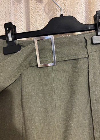 Kemerli Yeşil Midi Keten Kadın Pantolon - Görsel 4