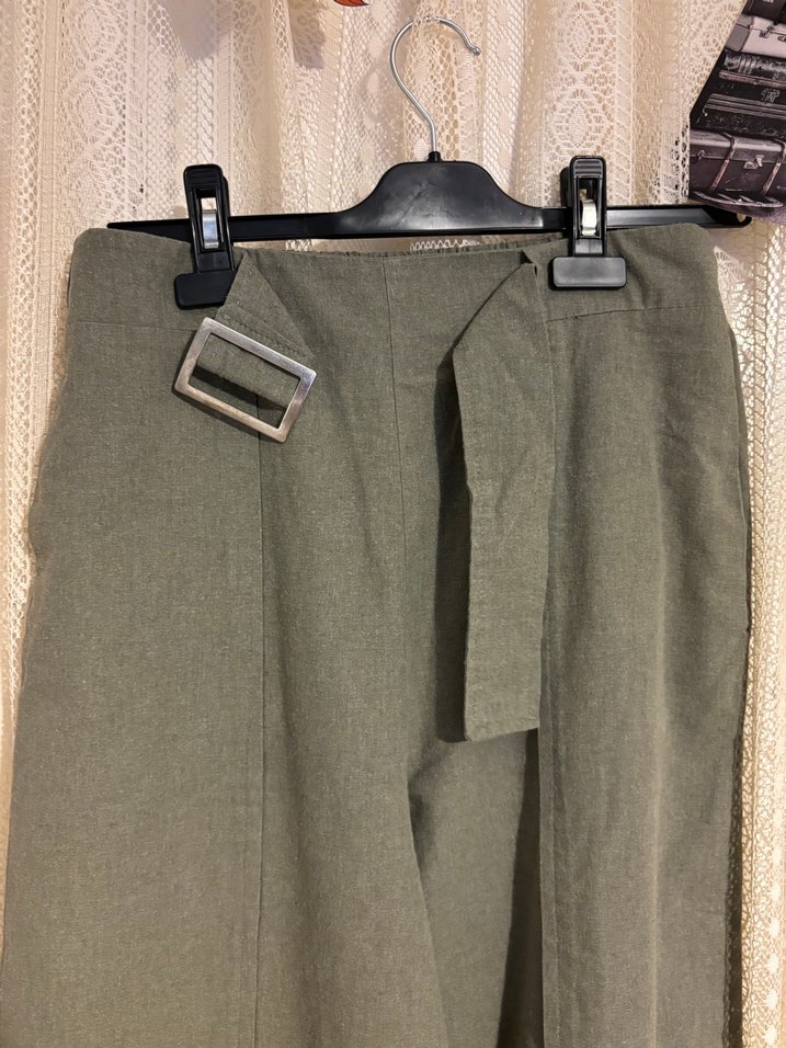 Kemerli Yeşil Midi Keten Kadın Pantolon - Görsel 5