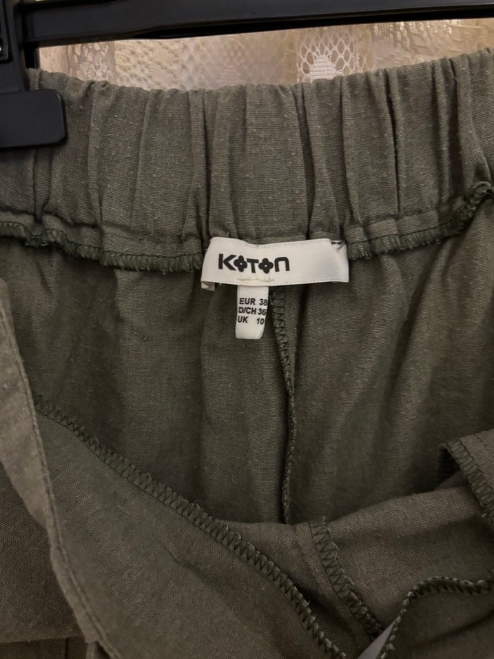 Kemerli Yeşil Midi Keten Kadın Pantolon - Görsel 3