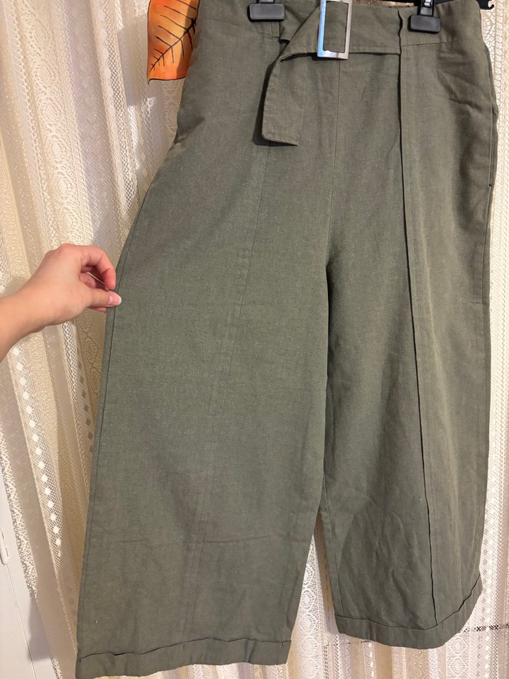 Kemerli Yeşil Midi Keten Kadın Pantolon - Görsel 2