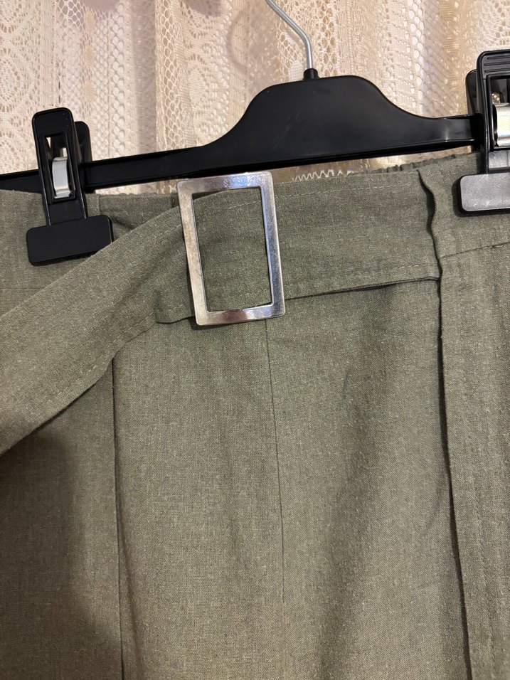 Kemerli Yeşil Midi Keten Kadın Pantolon - Görsel 4