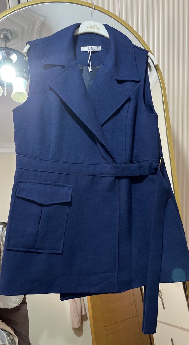 Kadın Kemerli Lacivert Midi Yelek - Görsel 2