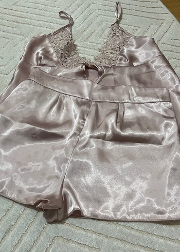 Gri Saten Mini Kadın Pijama Takımı - Görsel 2