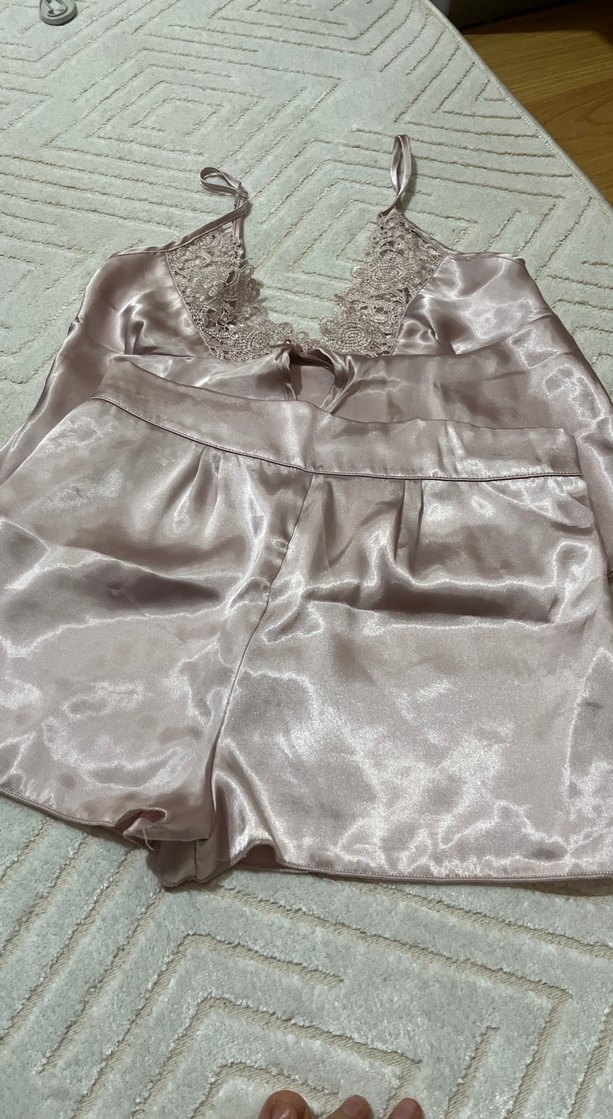 Gri Saten Mini Kadın Pijama Takımı - Görsel 2