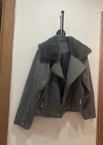 Gri Kürklü Biker Kadın Ceket - Görsel 2