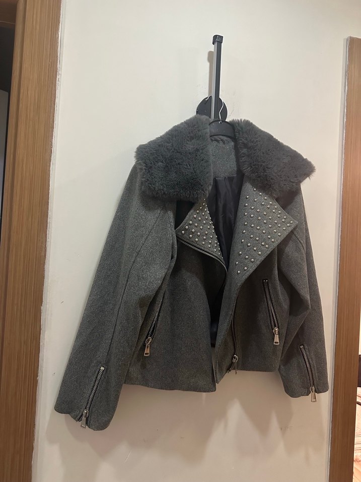 Gri Kürklü Biker Kadın Ceket - Görsel 2