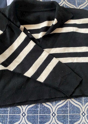 Çizgili Siyah Pamuklu Örgü Kadın Kazak - Görsel 3