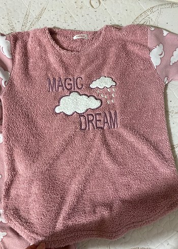 Kız Çocuk Pembe Bulut Desenli Polar Pijama Takımı - Görsel 2