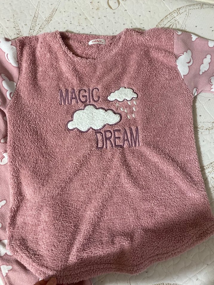 Kız Çocuk Pembe Bulut Desenli Polar Pijama Takımı - Görsel 2