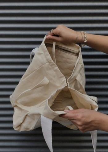 Krem Keten Kanvas Minimalist Kadın Omuz Çantası - Görsel 4