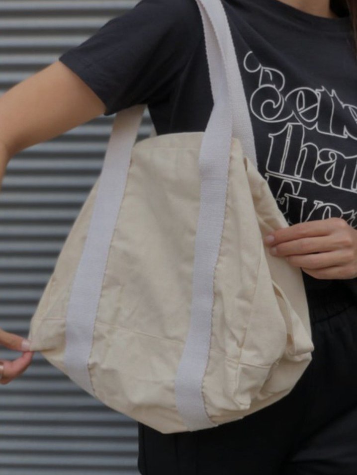 Krem Keten Kanvas Minimalist Kadın Omuz Çantası - Görsel 3