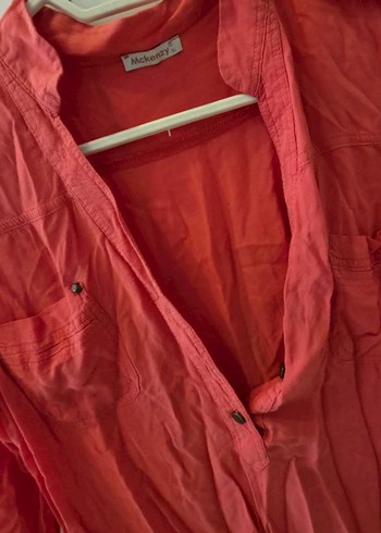 nar çiçeği Kadın Keten Gömlek V Yaka Düğmeli - Görsel 3