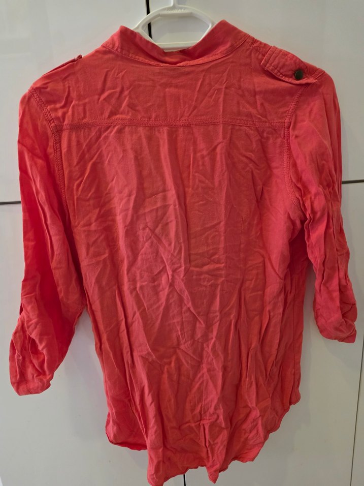 nar çiçeği Kadın Keten Gömlek V Yaka Düğmeli - Görsel 2