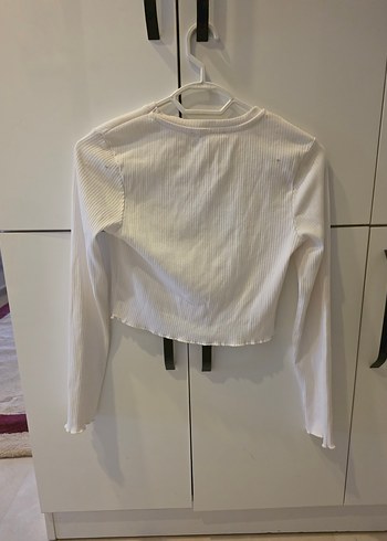 Beyaz Uzun Kollu Kadın Crop Top - Görsel 3