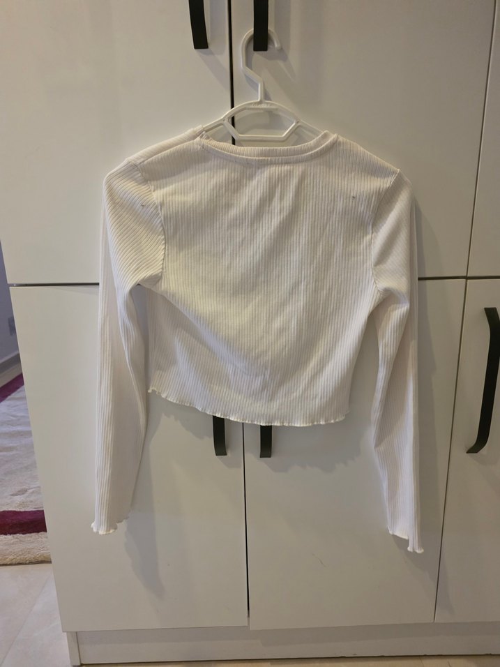 Beyaz Uzun Kollu Kadın Crop Top - Görsel 3