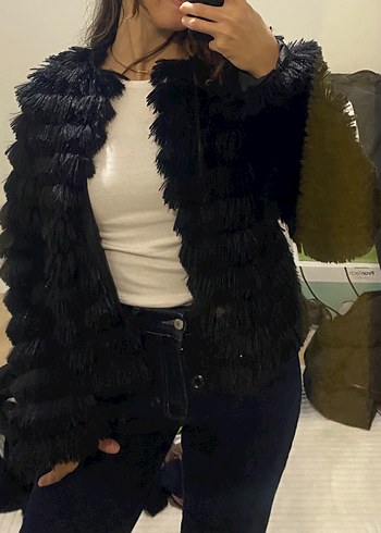 Siyah Kadın Kürk Detaylı Midi Ceket - Görsel 3