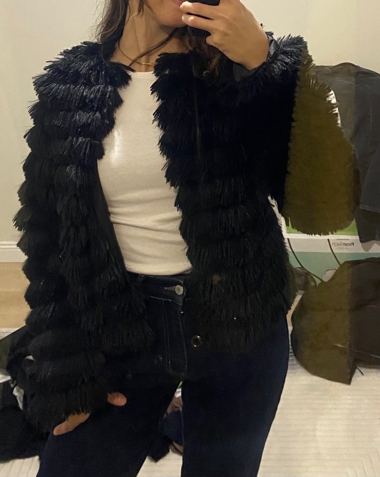 Siyah Kadın Kürk Detaylı Midi Ceket - Görsel 3