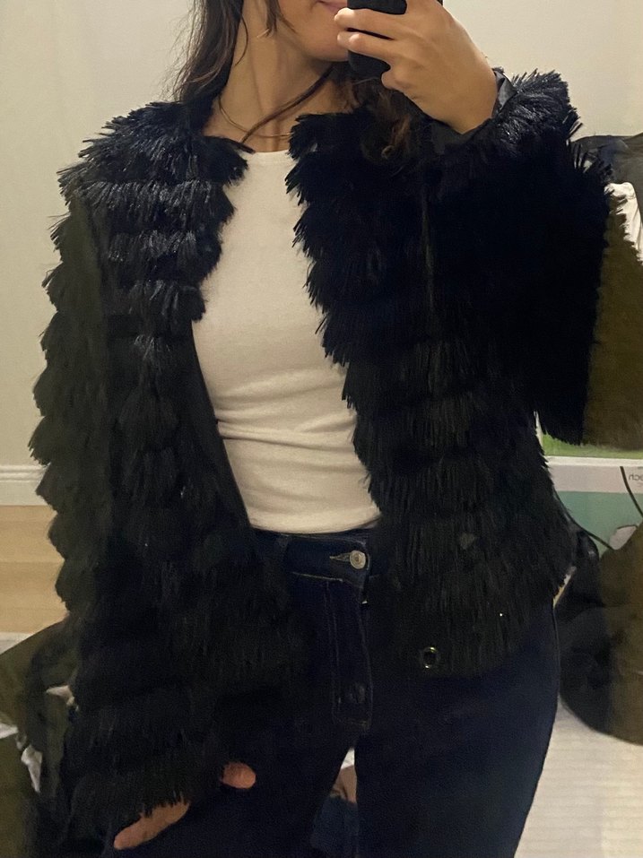 Siyah Kadın Kürk Detaylı Midi Ceket - Görsel 2
