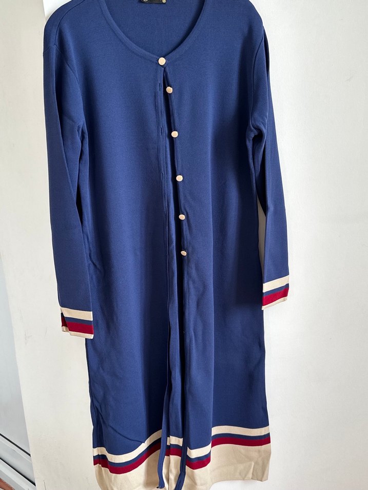 Düğmeli Uzun Kollu Mavi Triko Elbise - Görsel 2